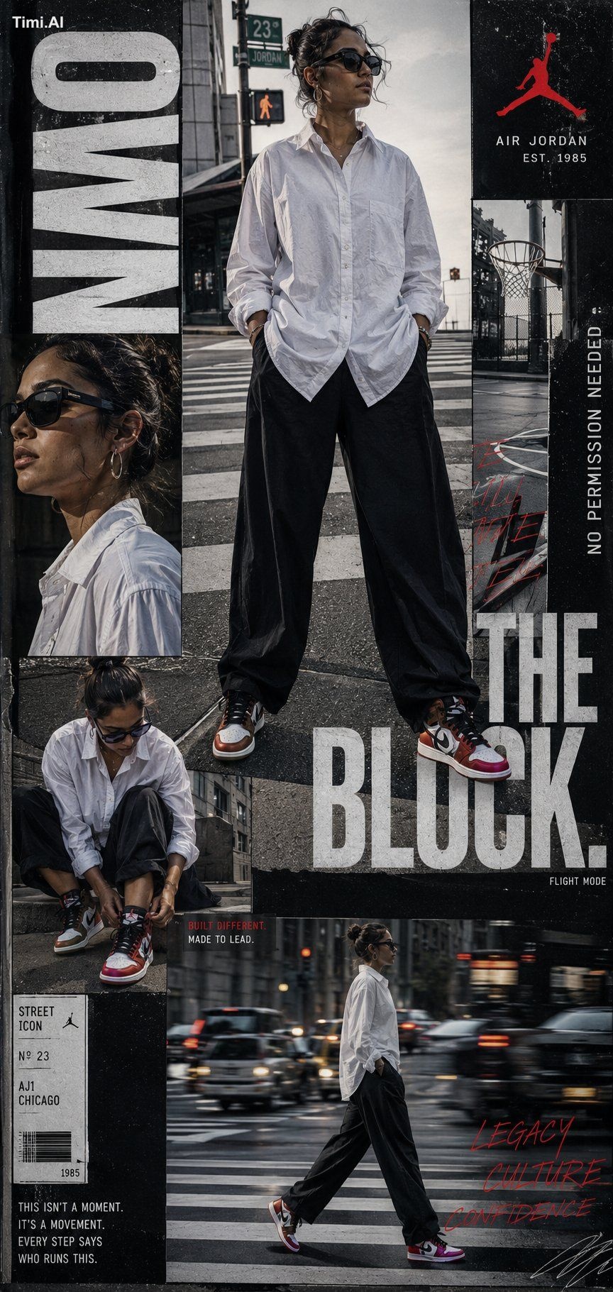 Create a hyper-realistic luxury Air Jordan streetwear campaign poster t…
