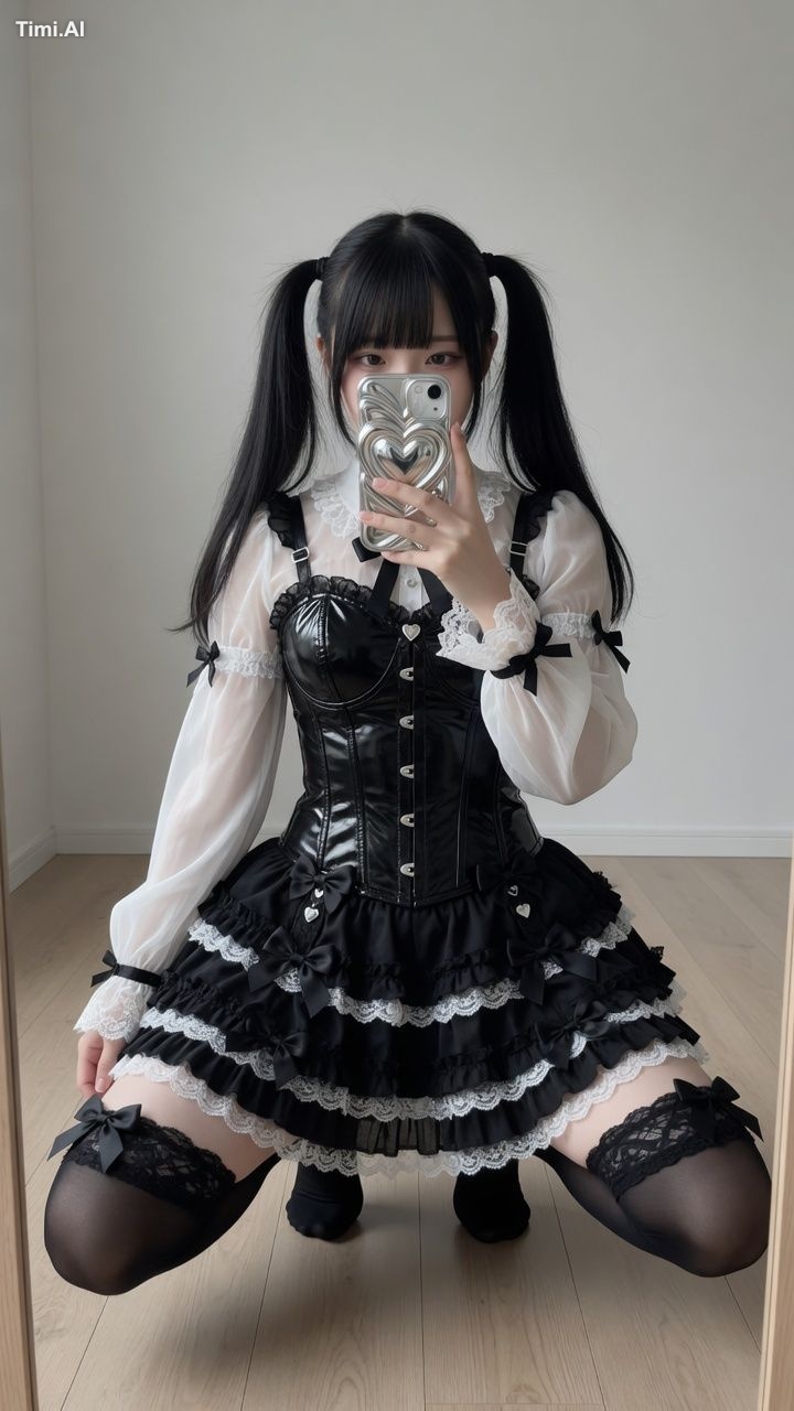 Photorealistic mirror selfie of a beautiful young East Asian woman with… 1