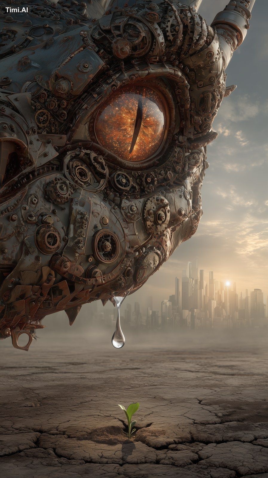 cinematic shot of a colossal steampunk dragon's head made of brass and …