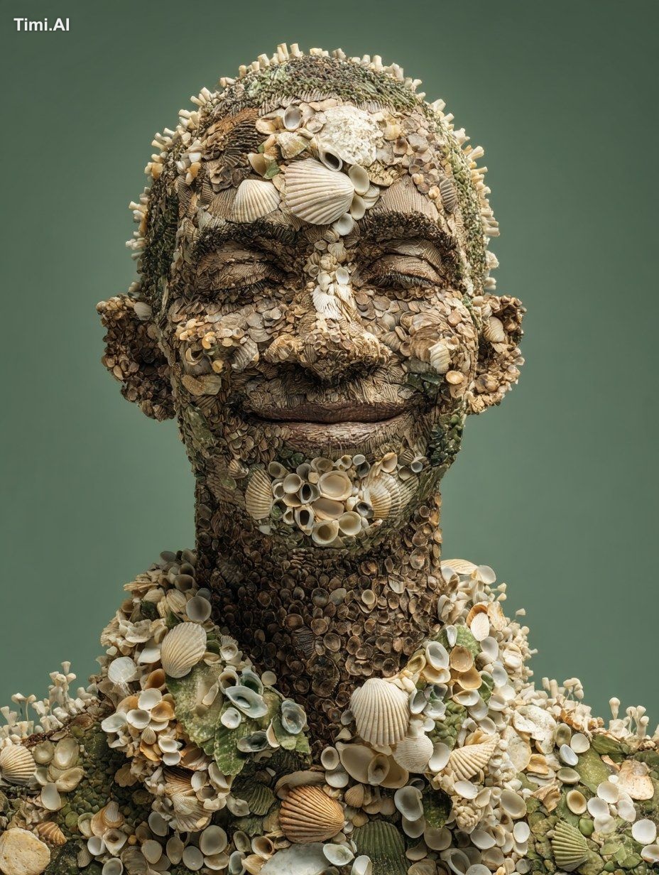 a man made of nature and Oyster shells, front face, smile, green backgr…
