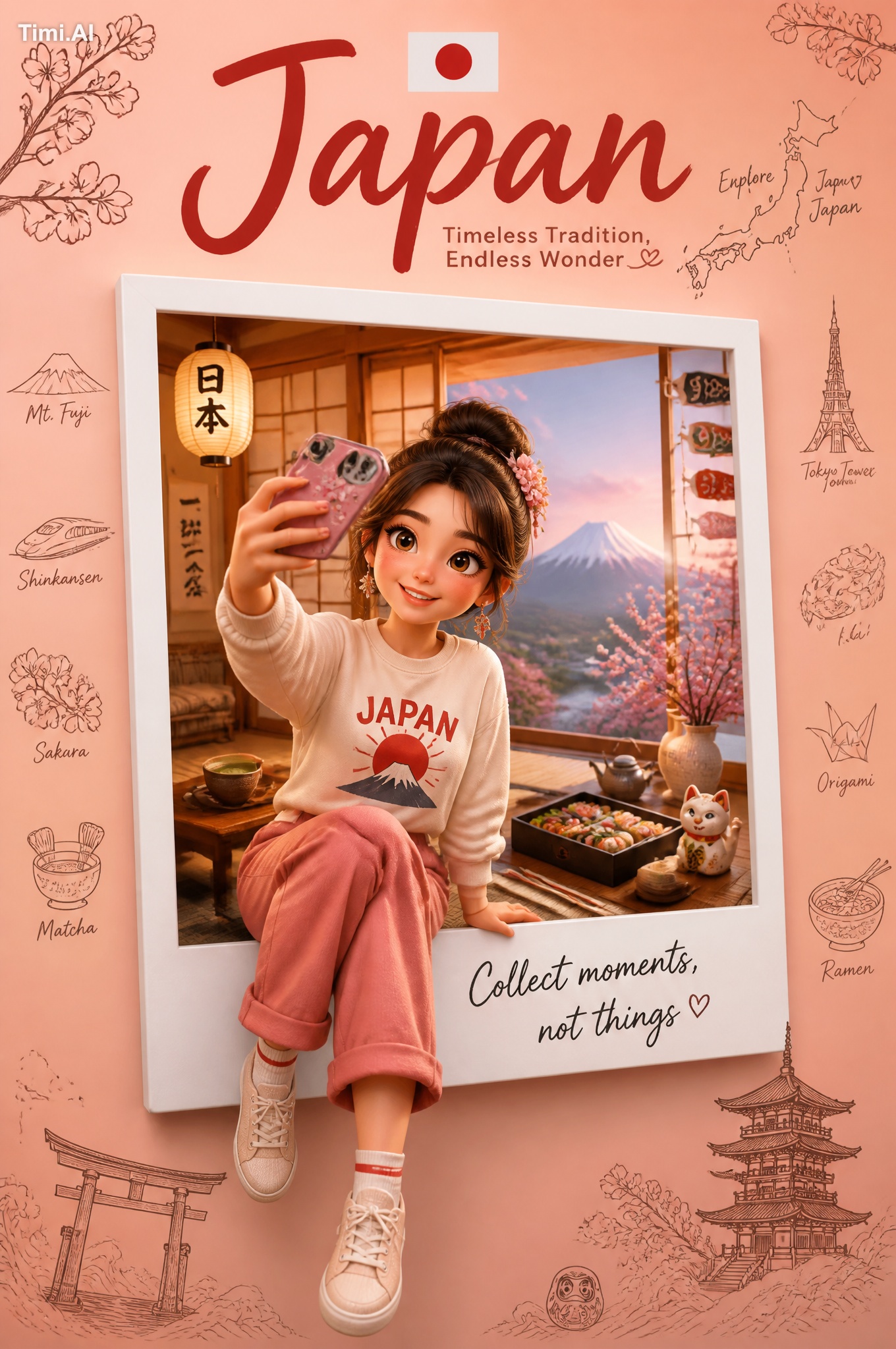 Create a premium collectible travel poster in a cute stylized 3D cartoo…