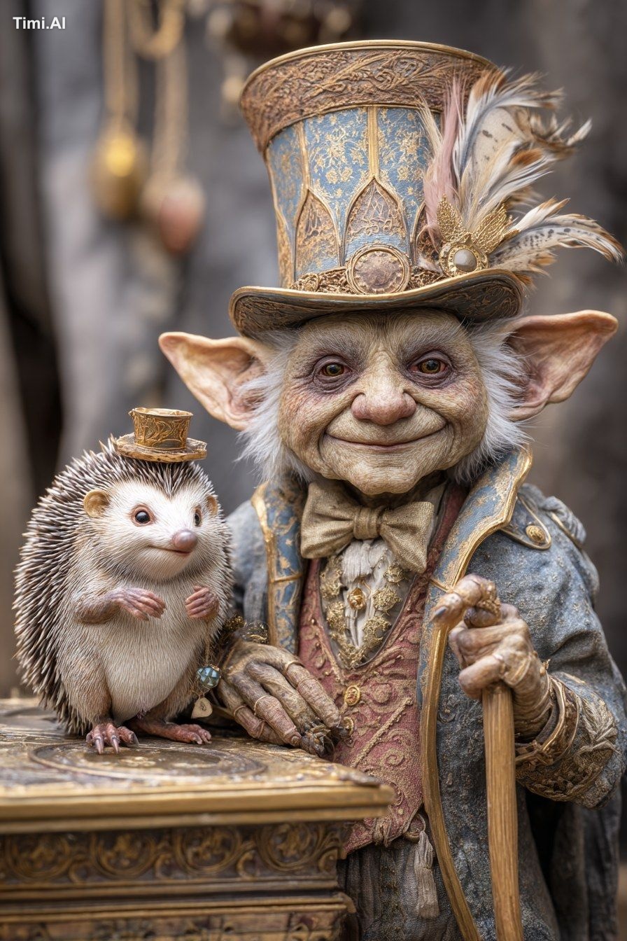 A friendly old goblin merchant selling magical items from a booth in a …
