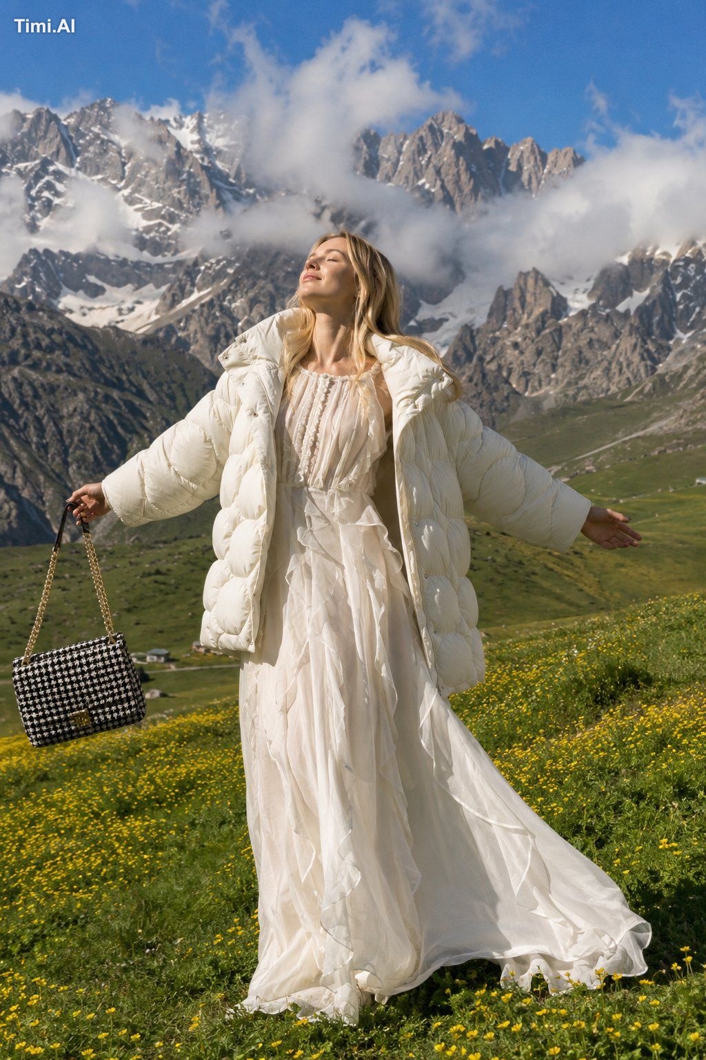 High-fashion editorial photography of a blonde woman standing gracefull…