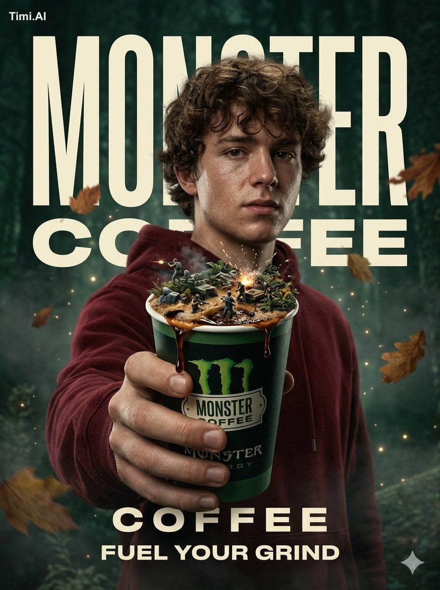Ultra-realistic cinematic coffee advertisement poster for monster energ…
