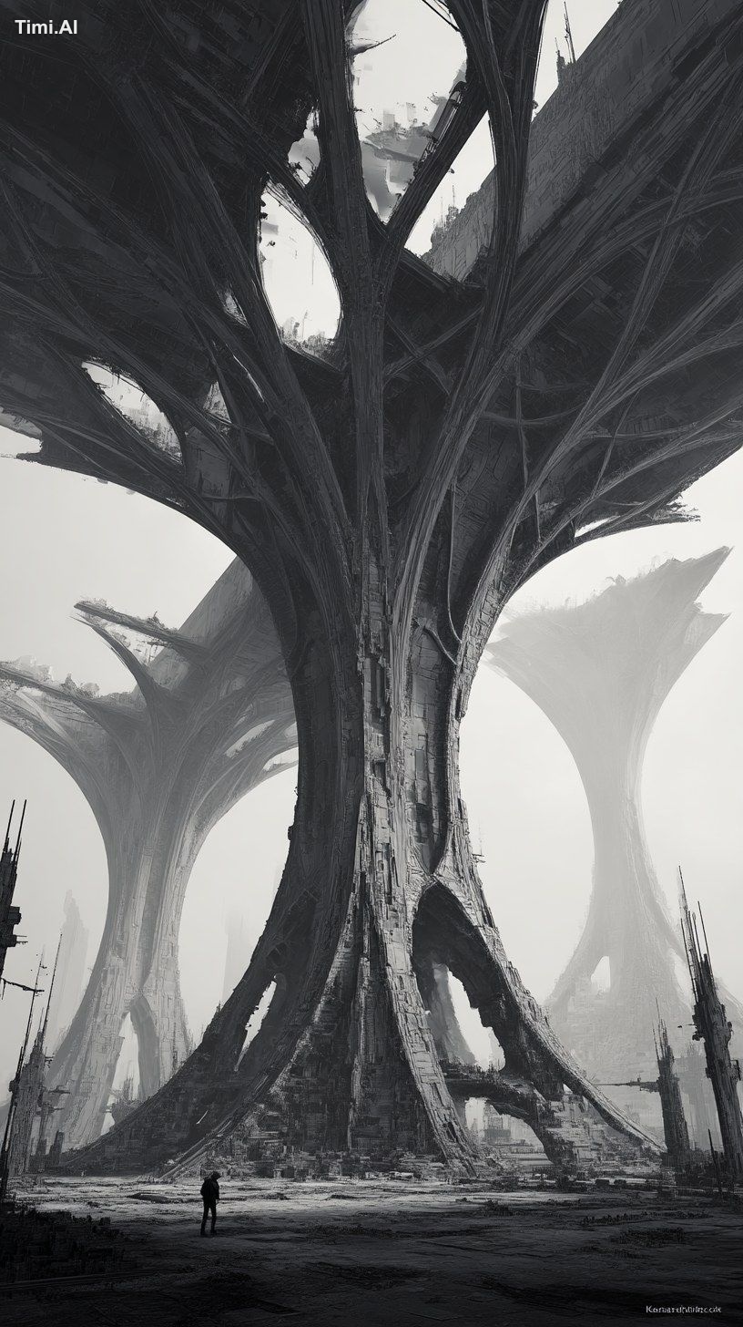 Huge elven tree , asymmetrical megastructures of unknown origin, brutal…