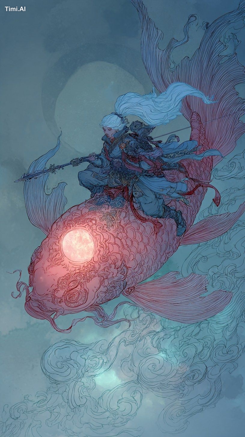 The god of death rides on a divine fish.Chinese ancient style, hand dra…