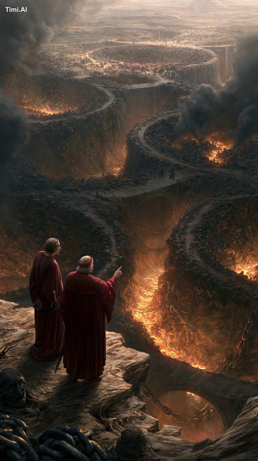 Renaissance painting style depicting Dante and Virgil overlooking the E…