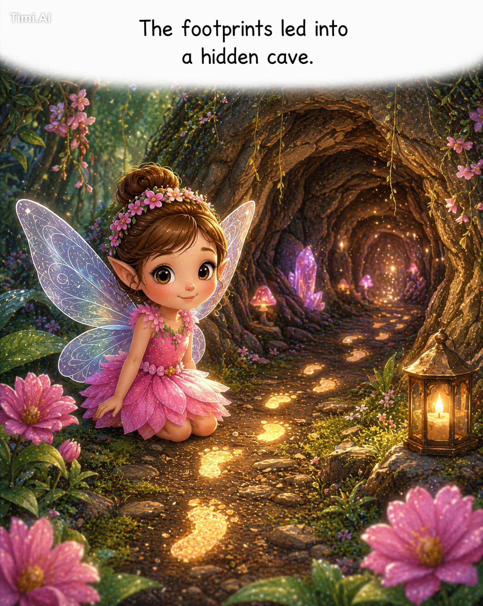 The footprints led into a hidden cave.3D Pixar/DreamWorks-style childre…