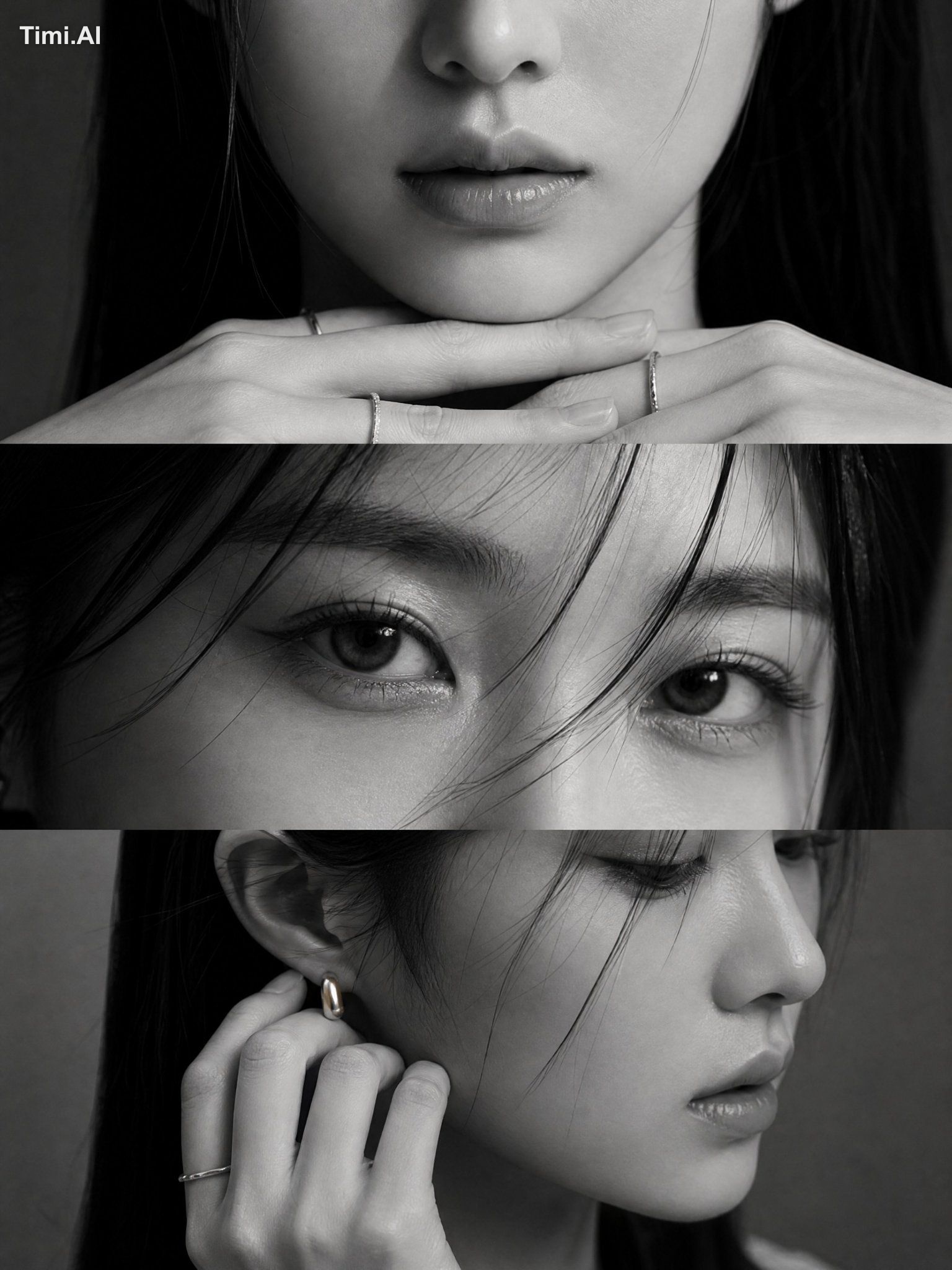 Elegant black-and-white studio editorial of a young Korean woman, verti…