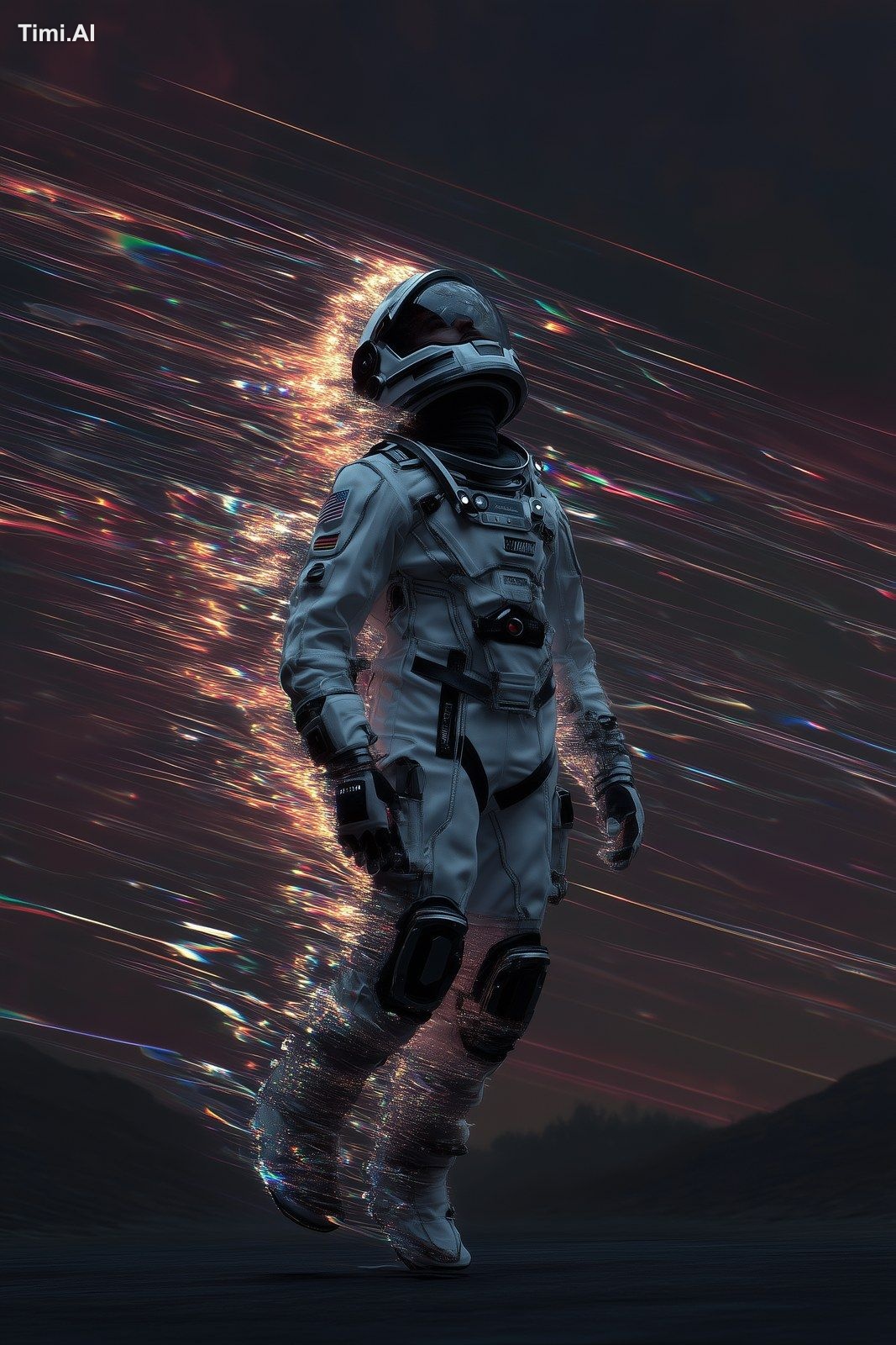 An astronaut in a white spacesuit with a helmet, standing and looking u…