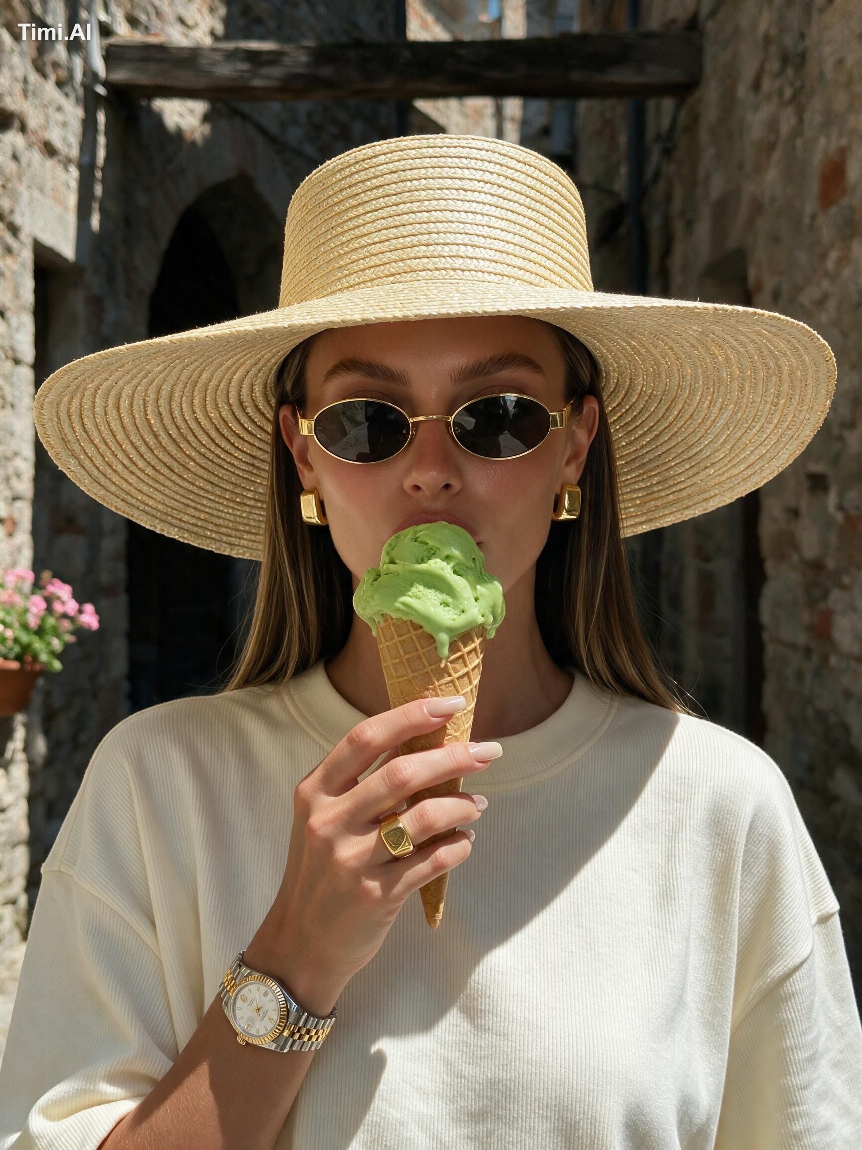 A young woman standing in a narrow stone alleyway of an ancient Italian…