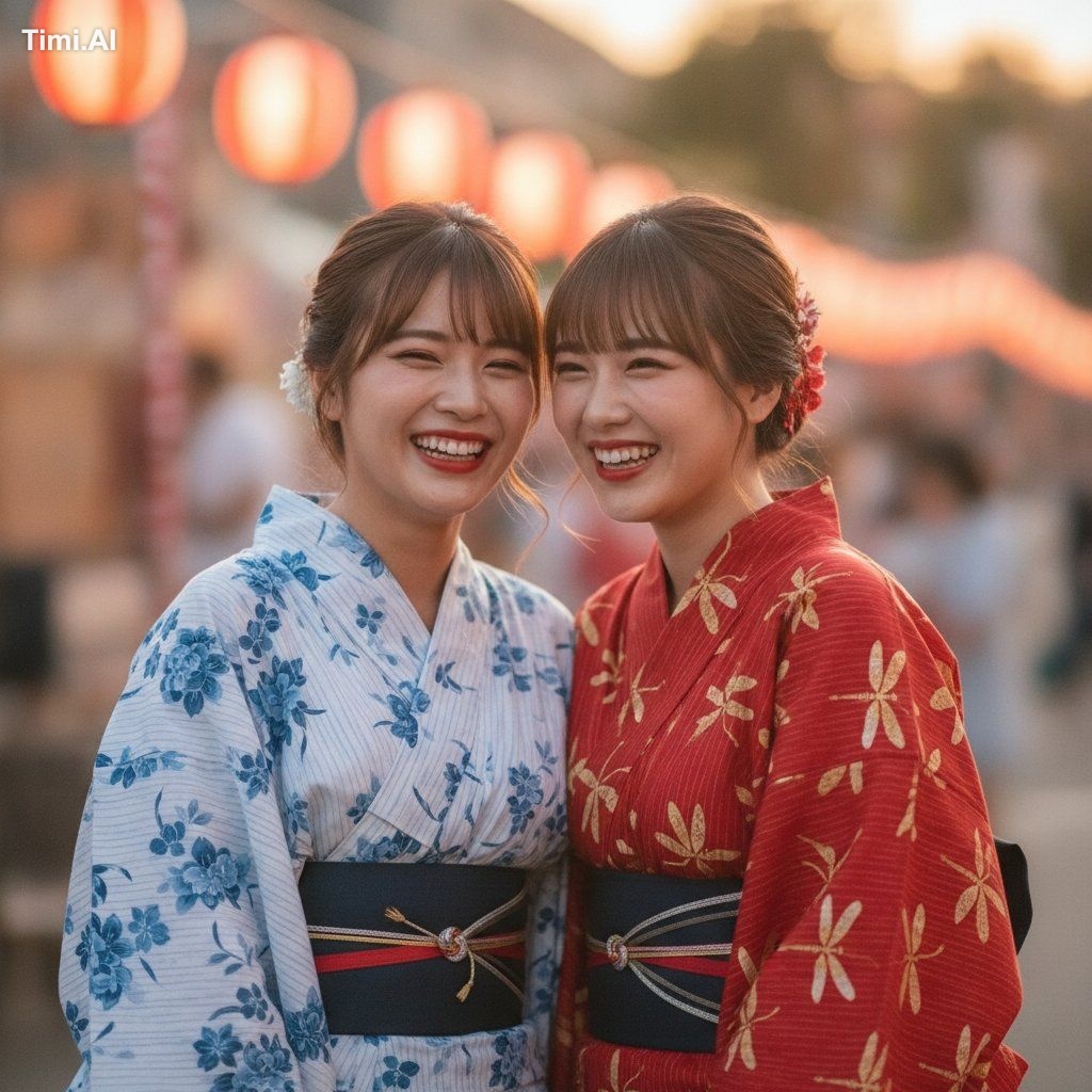 20歳の日本人女性、韓国メイク、韓国アイドルみたいな見た目、浴衣姿で二人組、仲良し二人、夏祭りでの写真、楽しそう、夕方の自然でやさしい光、高ク… 1