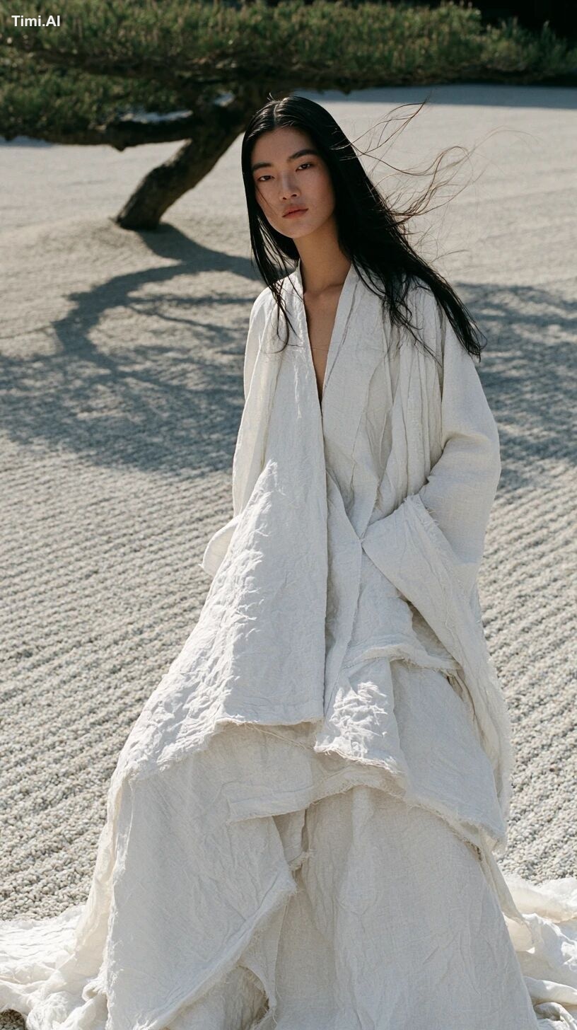 Japanese fashion editorial outdoor, model early 20s, delicate features …
