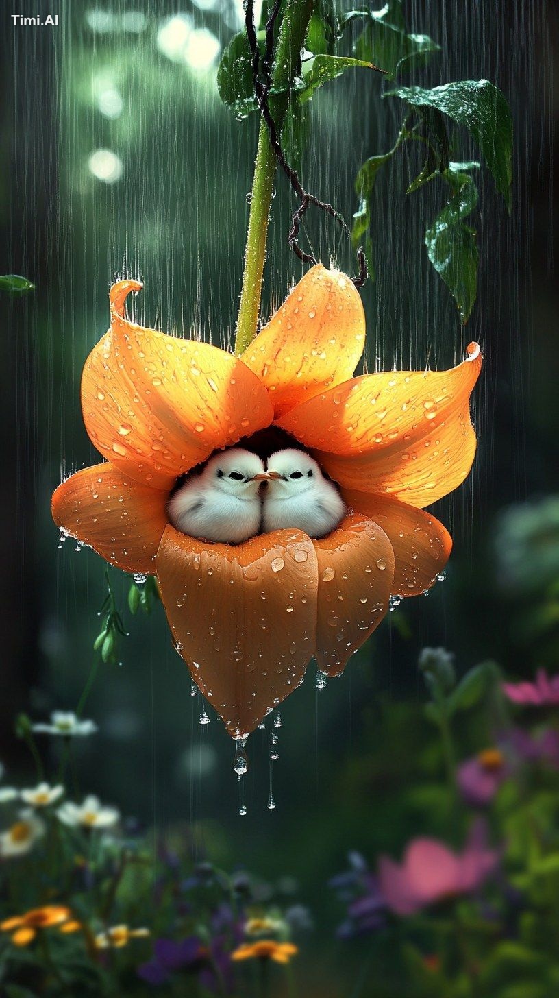 "Two little white birds huddled inside a large orange flower shaped lik…