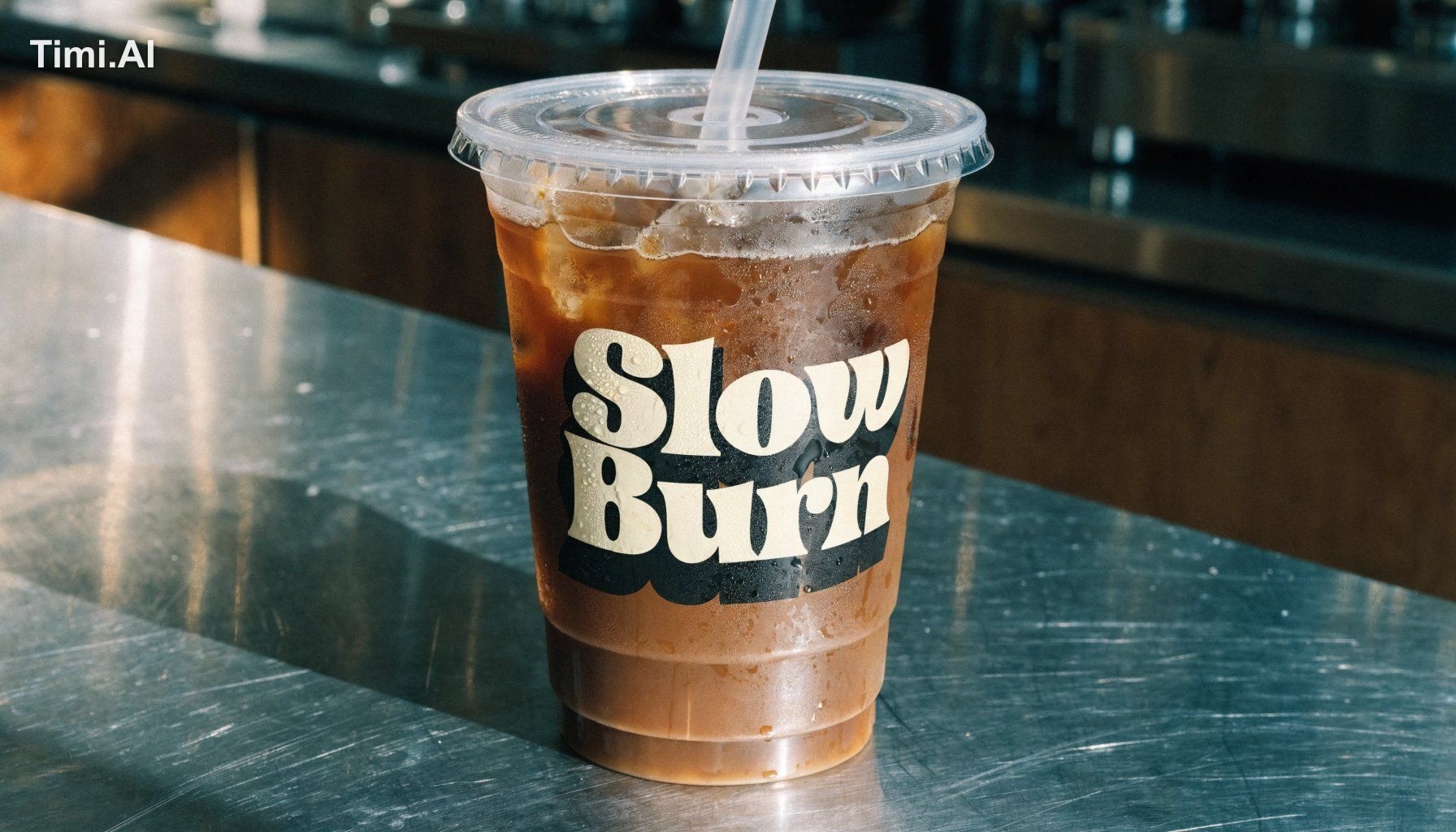 35mm film photo of a transparent plastic iced coffee cup with clear lid…