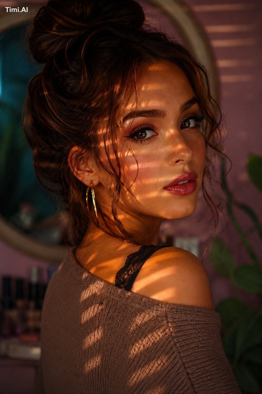 A cinematic close-up portrait of a beautiful young woman with dark brow…