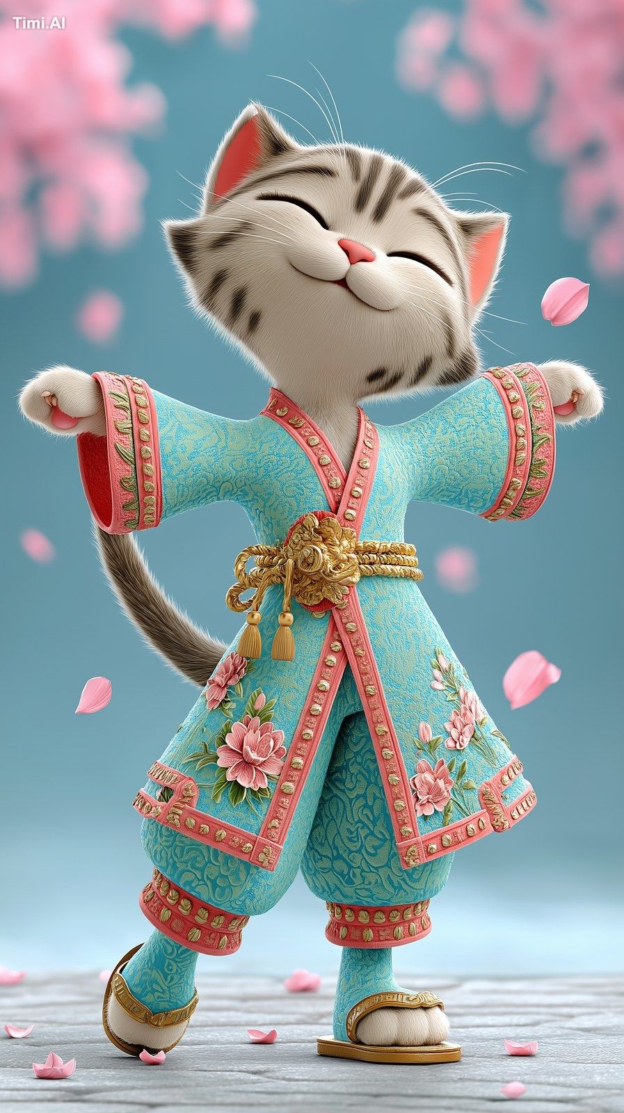 adorable kitten dancing in a traditional Japanese kimono, cherry blosso…