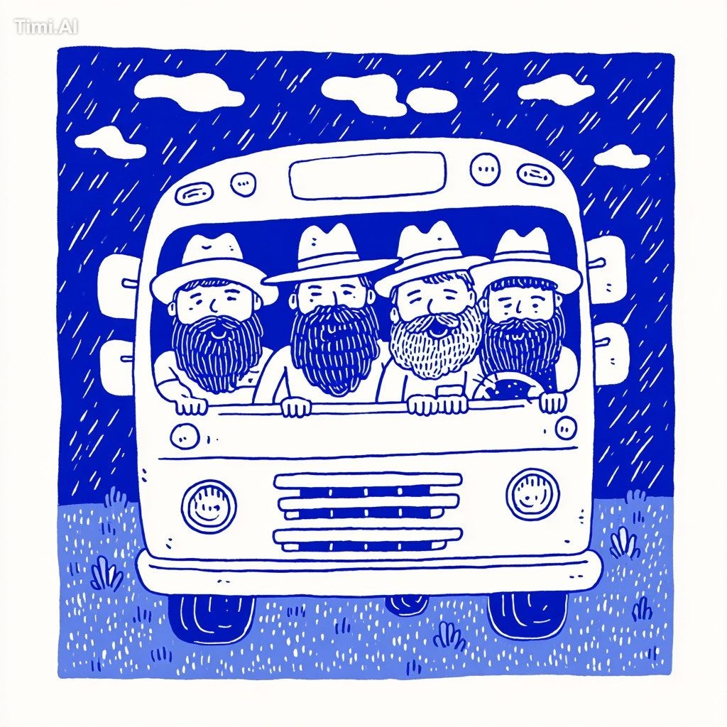 A bunch of cool Chabad Rabbis with beards and fedoras in a school bus. …