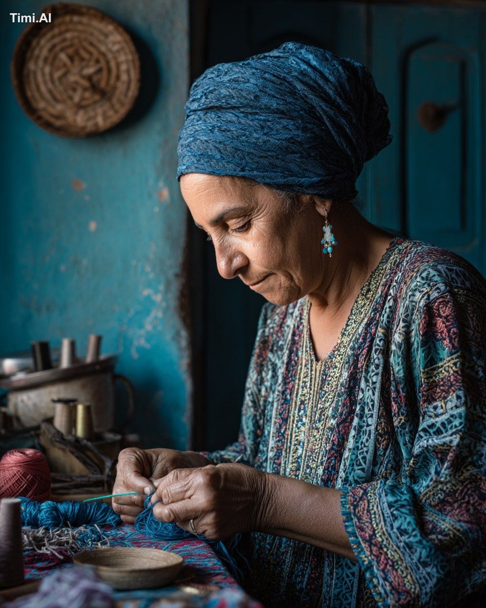 side view of a 60 years egyptian woman at home threading the needle suc…