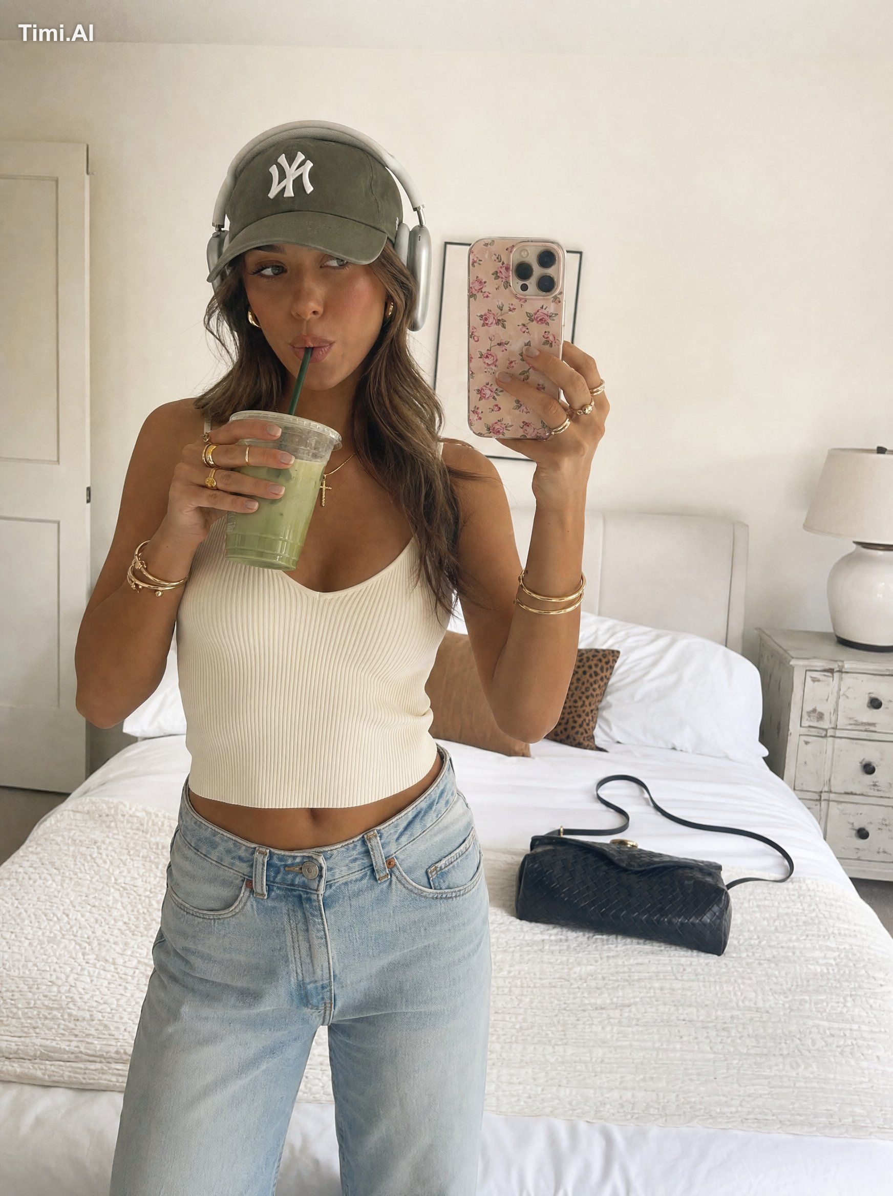 Subject & Pose: Young woman taking a mirror selfie in a bedroom, standi… 2