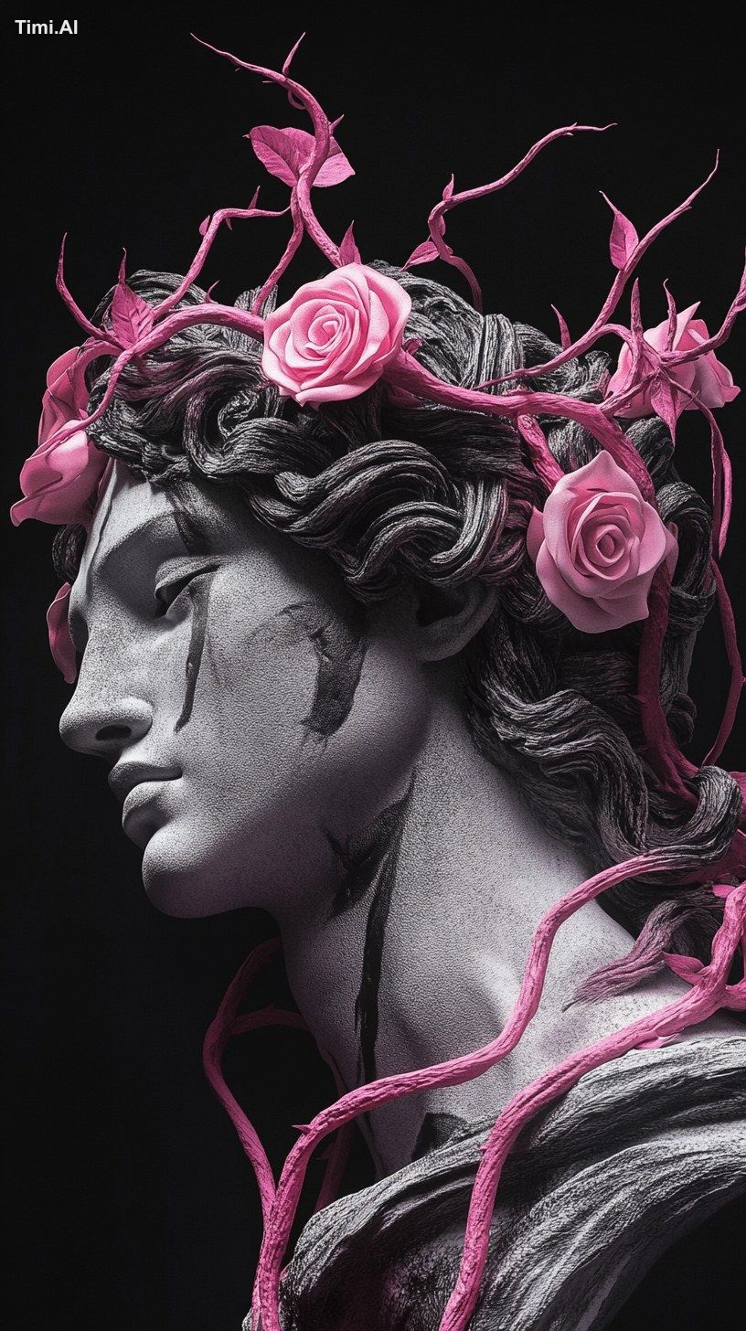 A black, white and pink neon, profile portrait of statue Medusa with wi…