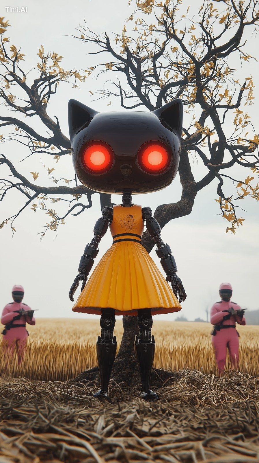 A towering, ominous robotic cat-doll inspired by the iconic doll from S…