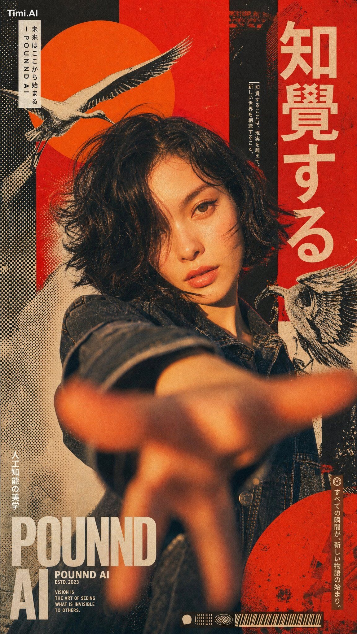 : A Mixed media collage artwork featuring a young Asian woman with shor…