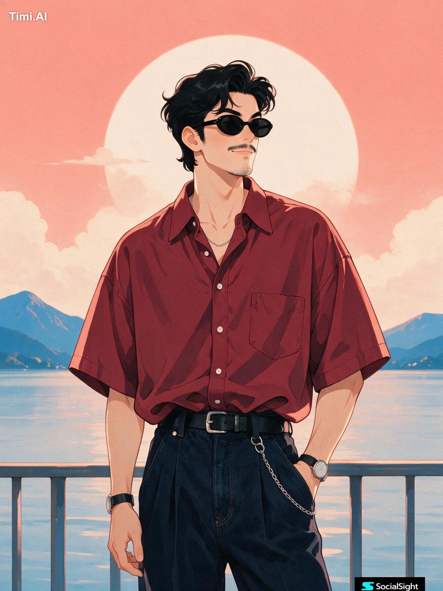 A stylish young handsome man standing by a lakeside railing during a dr…