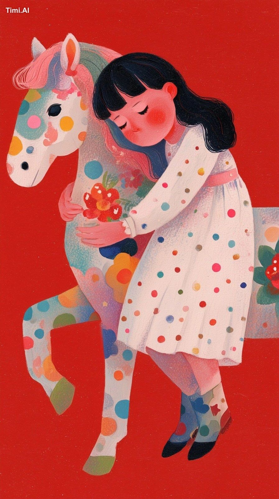a little girl in a white dress hugging a colorful horse,Rich in color a…