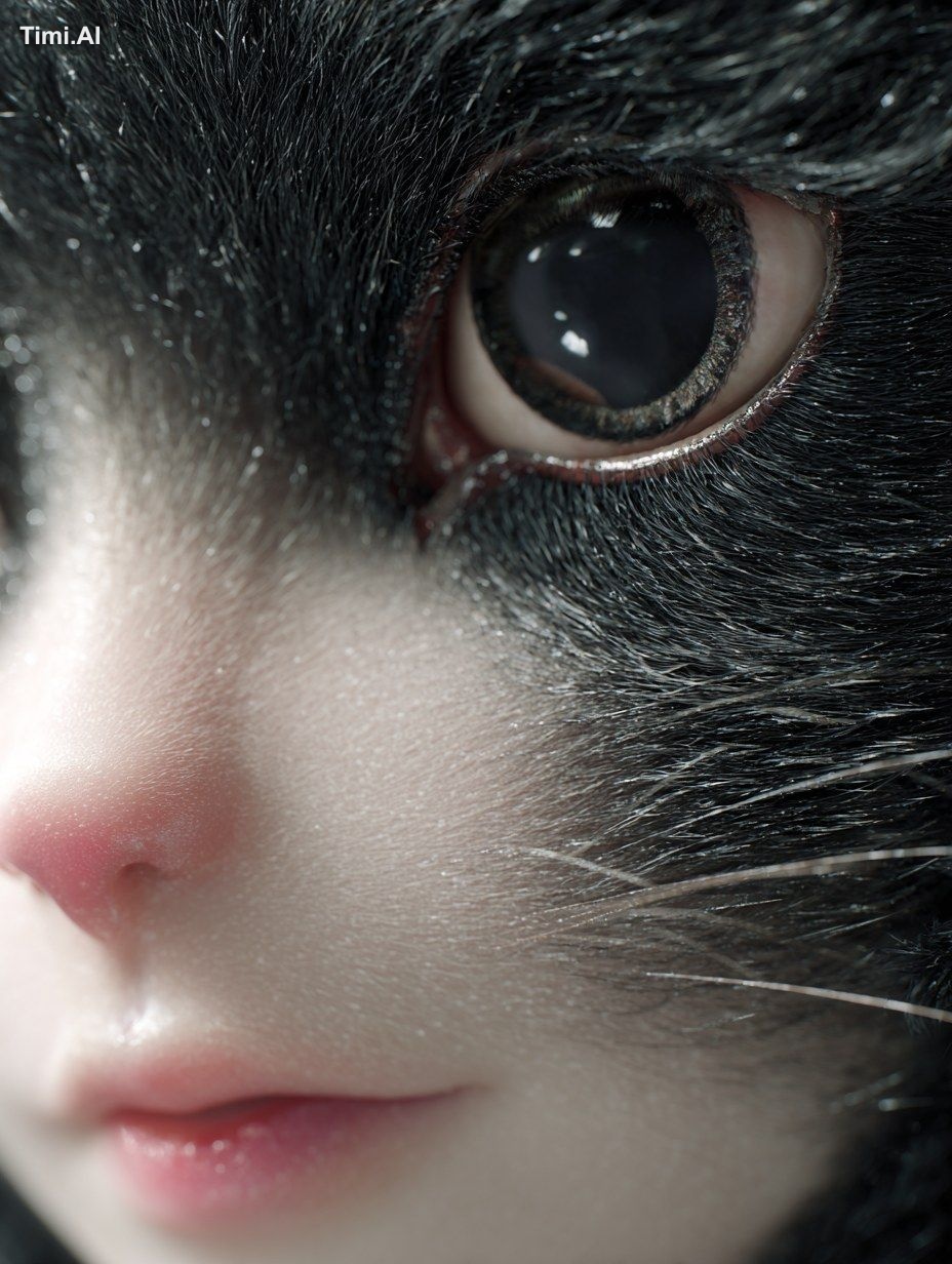 soft feminine human-cat hybrid face, delicate human bone structure blen…