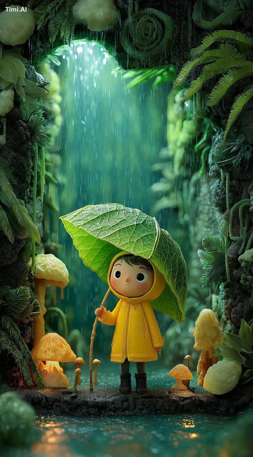 A very cute girl wearing a yellow raincoat and holding an umbrella made…