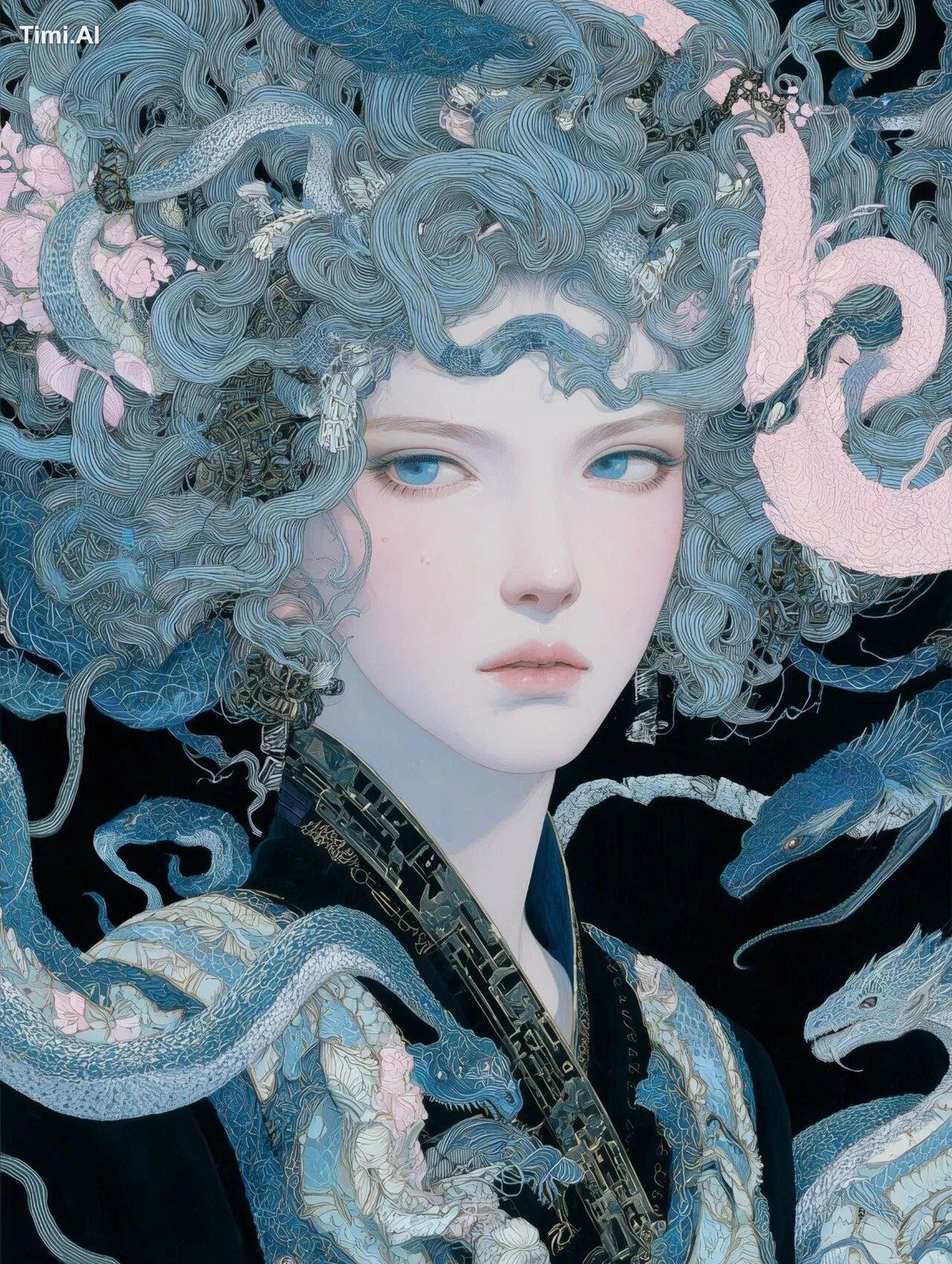 A surreal illustration of a beautiful young Medusa with living dreadloc…