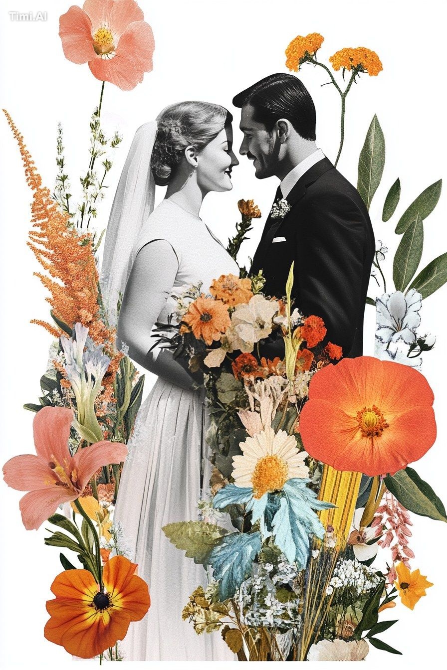 bride and groom at the wedding, happy, valentine, flower, collage, funk…