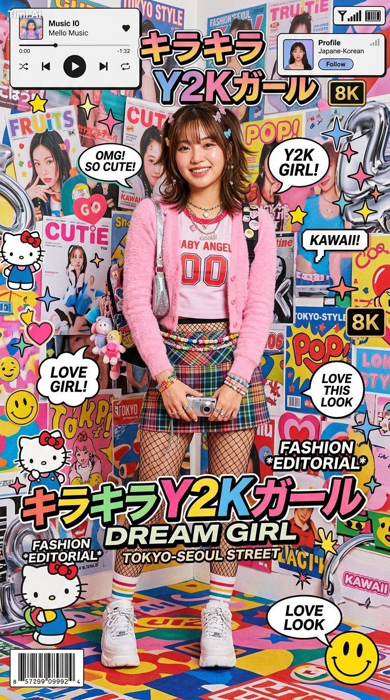 High-fashion kawaii Y2K editorial poster featuring a stylish young woma… 2