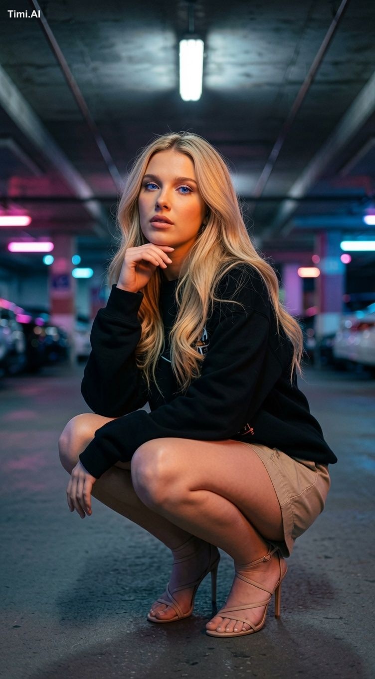 A young woman with long blonde hair squats in a parking garage. Subject… 2