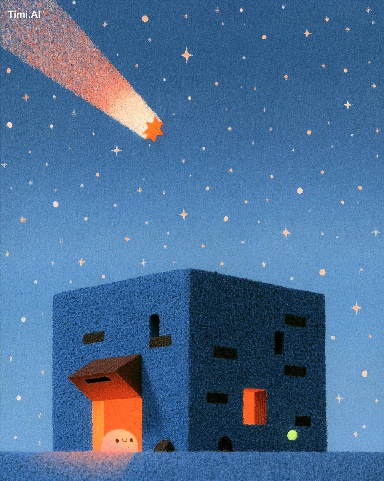 a meteor streak over a dark block, the only lights below a warm open ha…