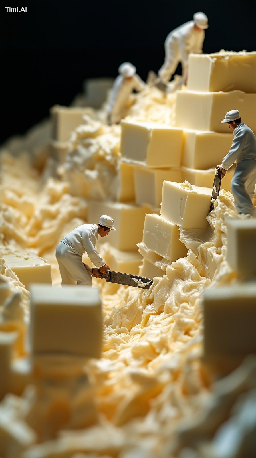 Miniature male bakers in white uniforms, working in pairs to saw enormo…