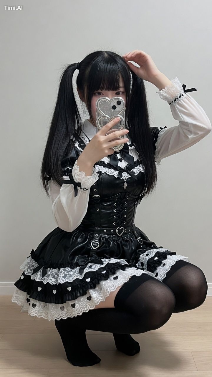 Photorealistic mirror selfie of a beautiful young East Asian woman with…