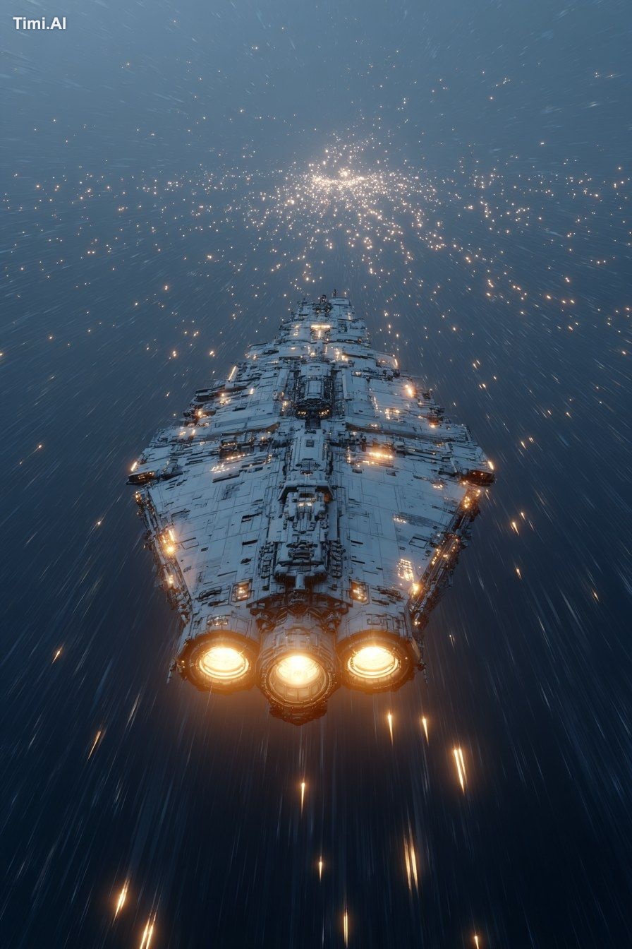 a completely original interstellar spaceship with a sleek, asymmetrical…