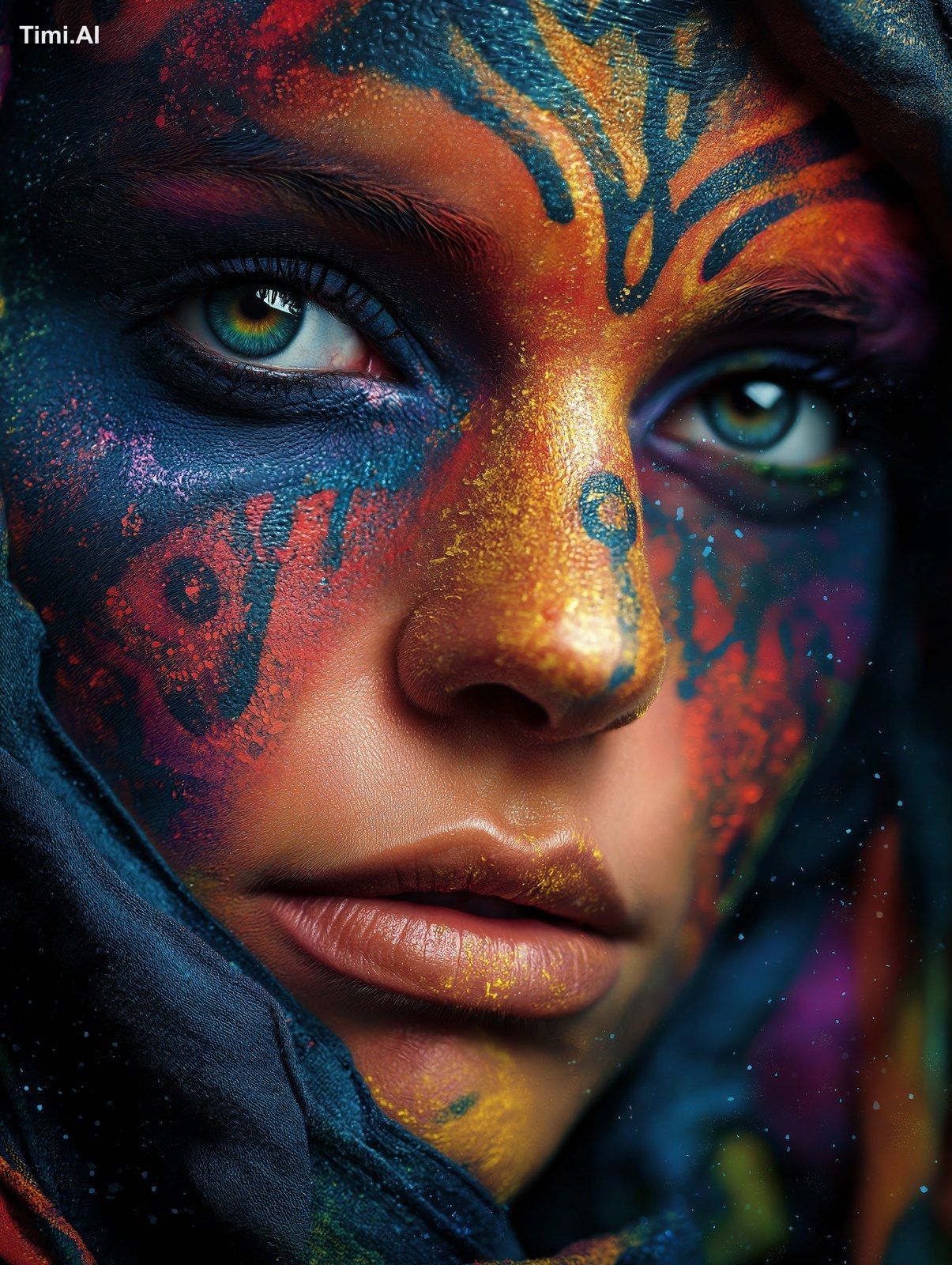 portrait of a sorceress witch, intricate face makeup like magical runes…
