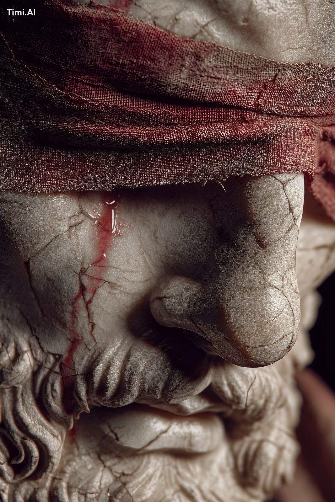 a close-up marble statue of Oedipus, carved from pale cracked marble, h…