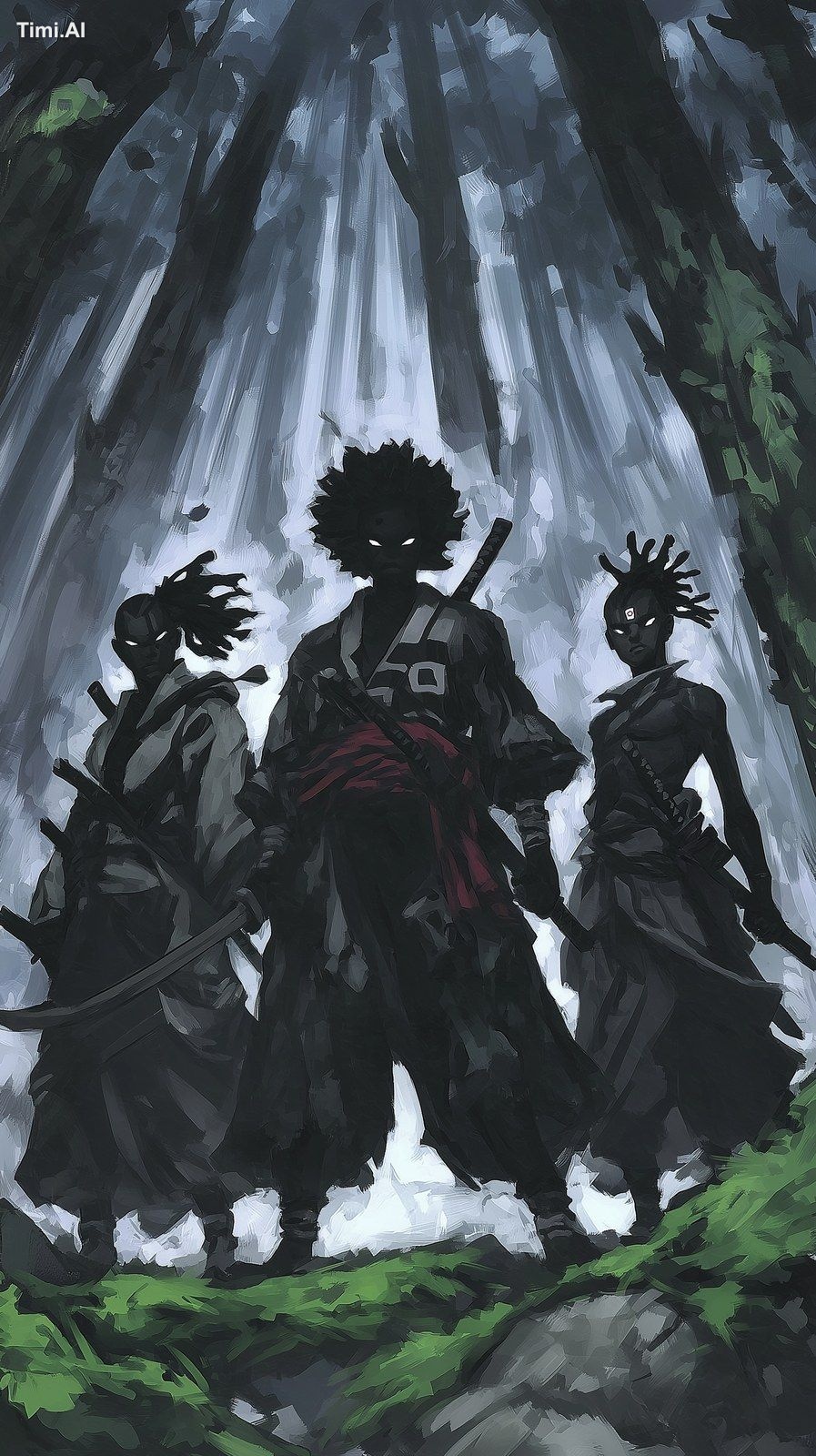 A team of three Black samurai warriors in a breathtaking forest. One ma…