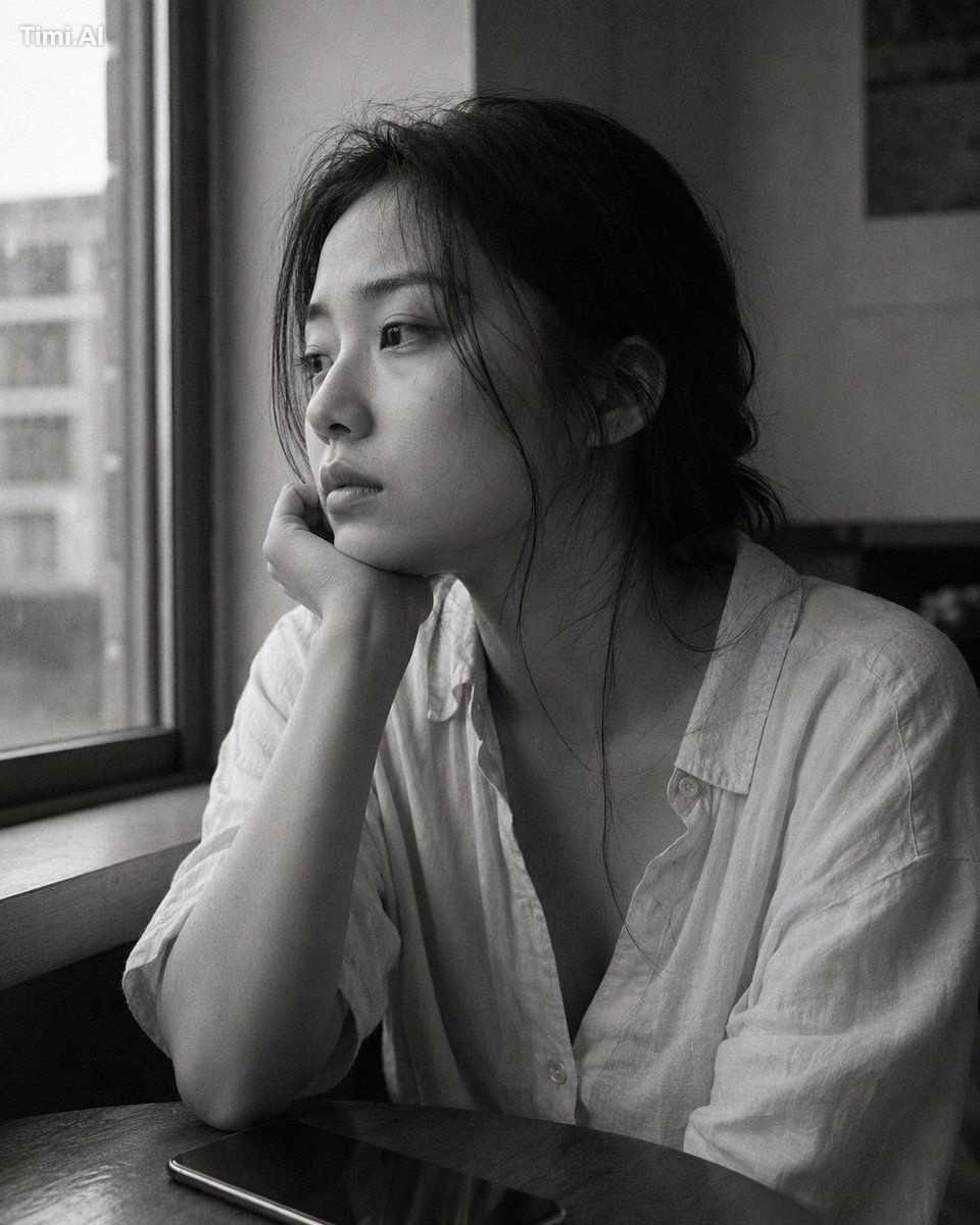 Medium close-up portrait, 85mm, a young East Asian woman in her early 2…