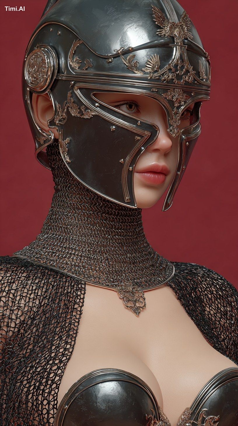 a gorgeous female gladiator , huge puffy chest, wearing a metal helmet …