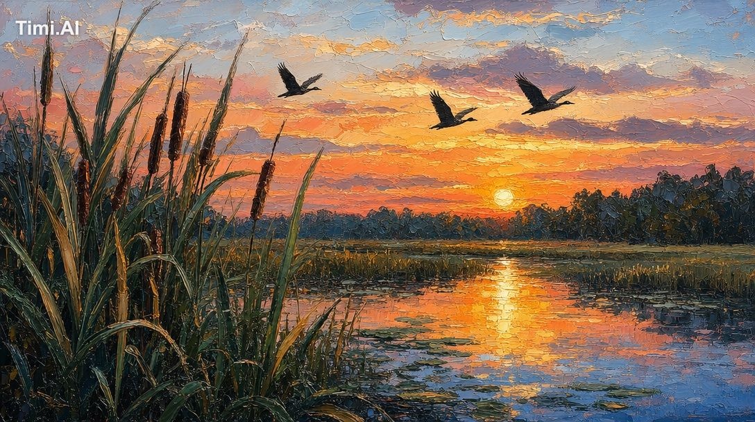 Impasto oil painting of a marsh at sunset, with tall reeds and cattails…