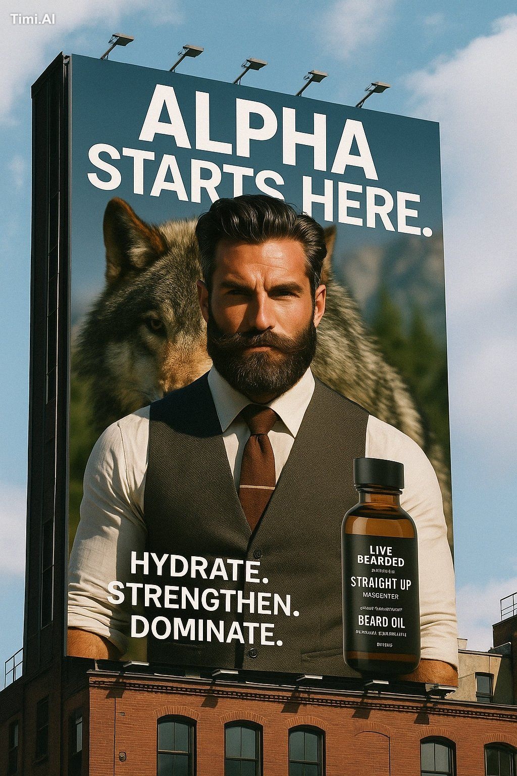Create a bold vertical billboard ad using these images, Headline (Top):…