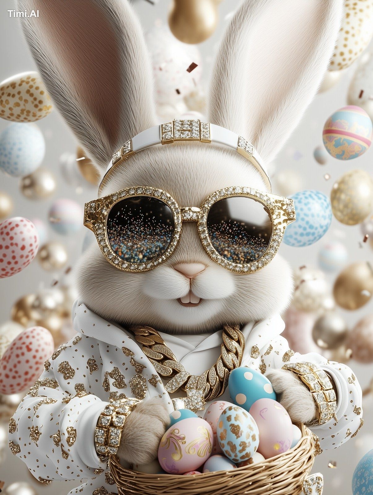An Easter bunny dressed as a trendy rapper, wearing a gold chain, and g…