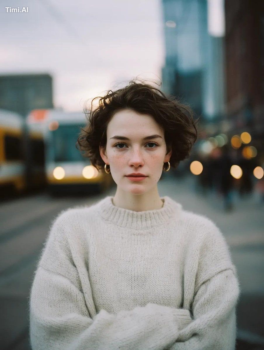 Cinematic, intimate portrait of a young woman with short dark wavy hair…