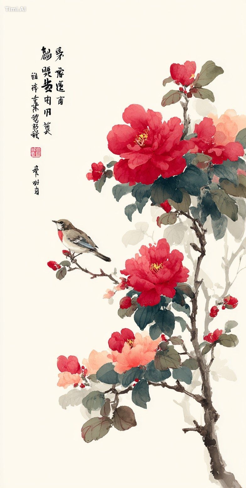 a minimalist painting of "little red flower" and a small bird on a bran…