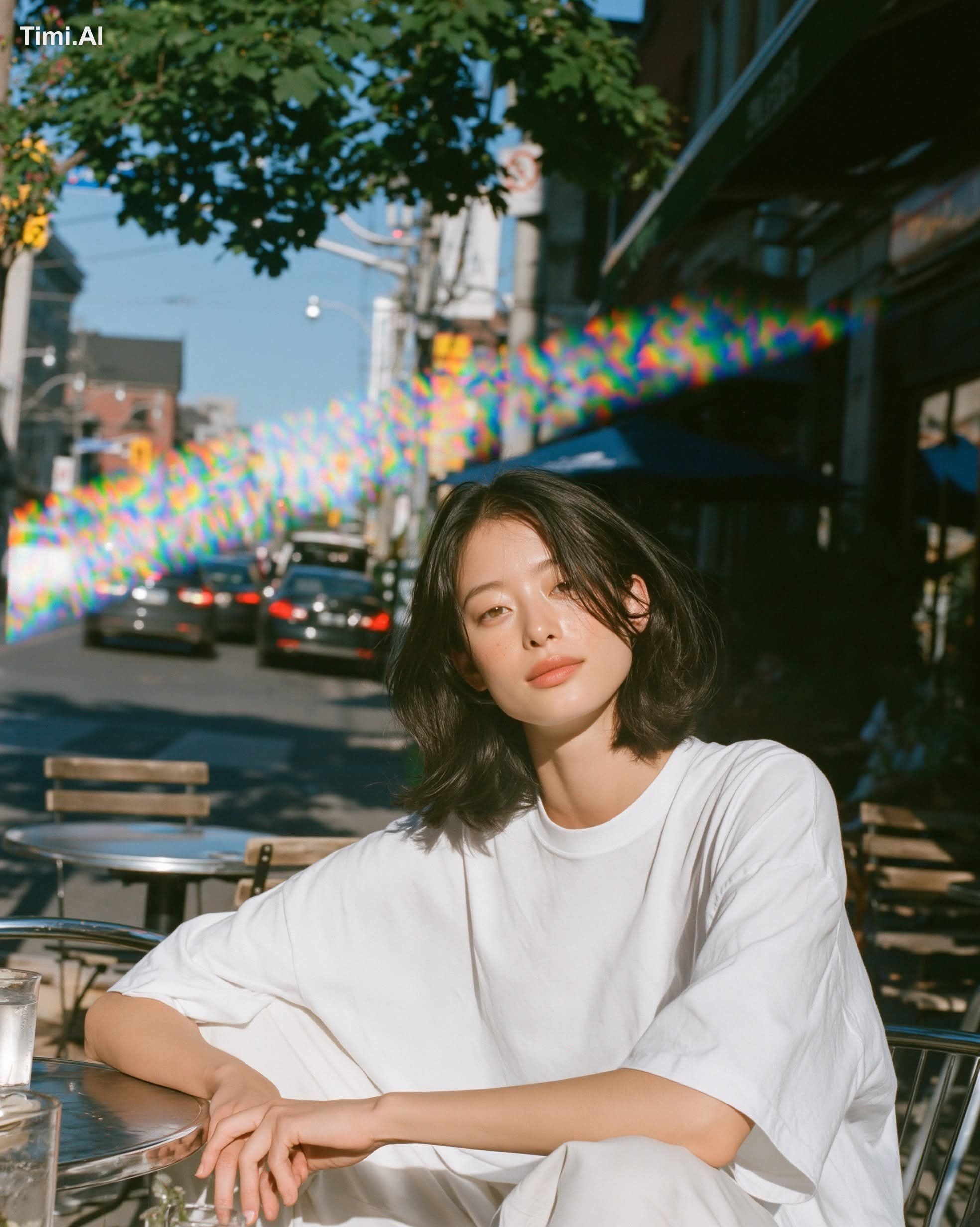 warm sunlit film portrait, young woman sitting relaxed at a small café … 3